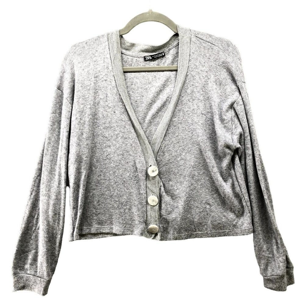 Zara Light Gray Cropped V-Neck Button Cardigan